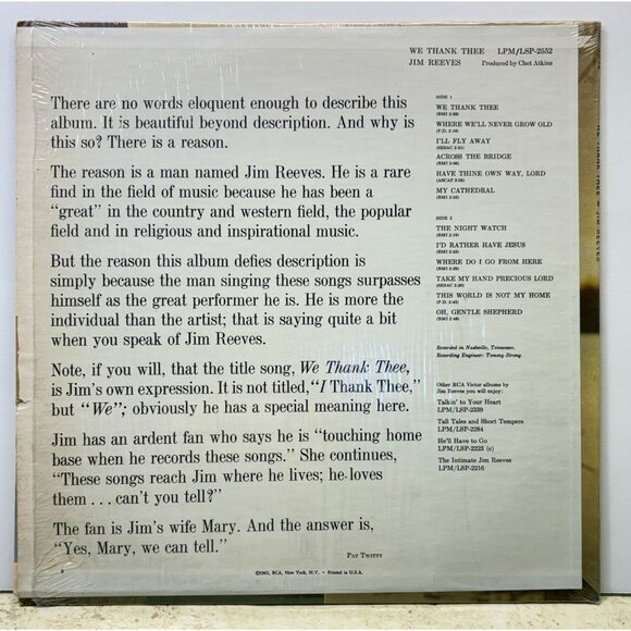 Jim Reeves We Thank Thee Country Vinyl LP in Shrink RCA Living Stereo - Picture 5 of 6